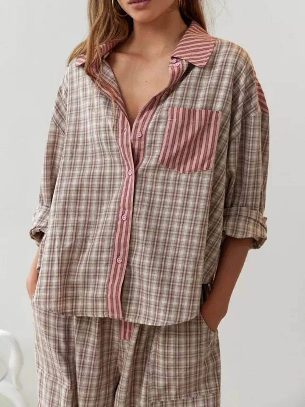 Women’s Long Sleeve Striped Pyjama Set with With Button Front