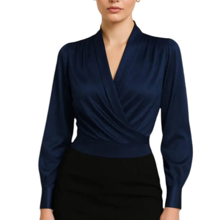 Women's Long Sleeve V Neck Wrap Blouse with Fitted Waist