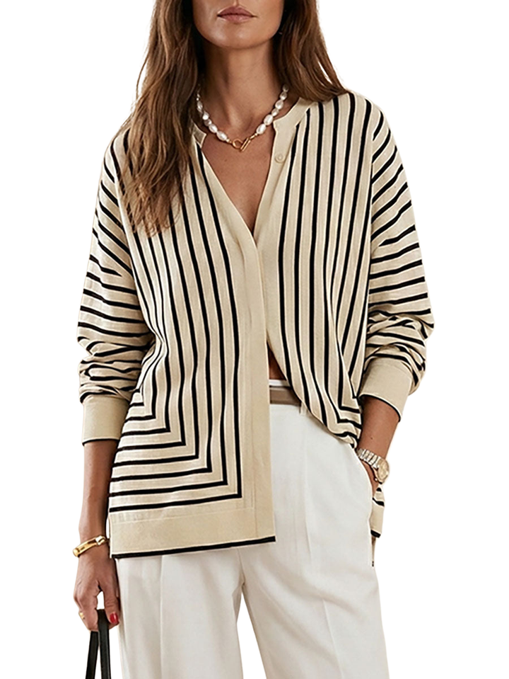 Women's Long Sleeves Loose Buttoned Striped Blouse