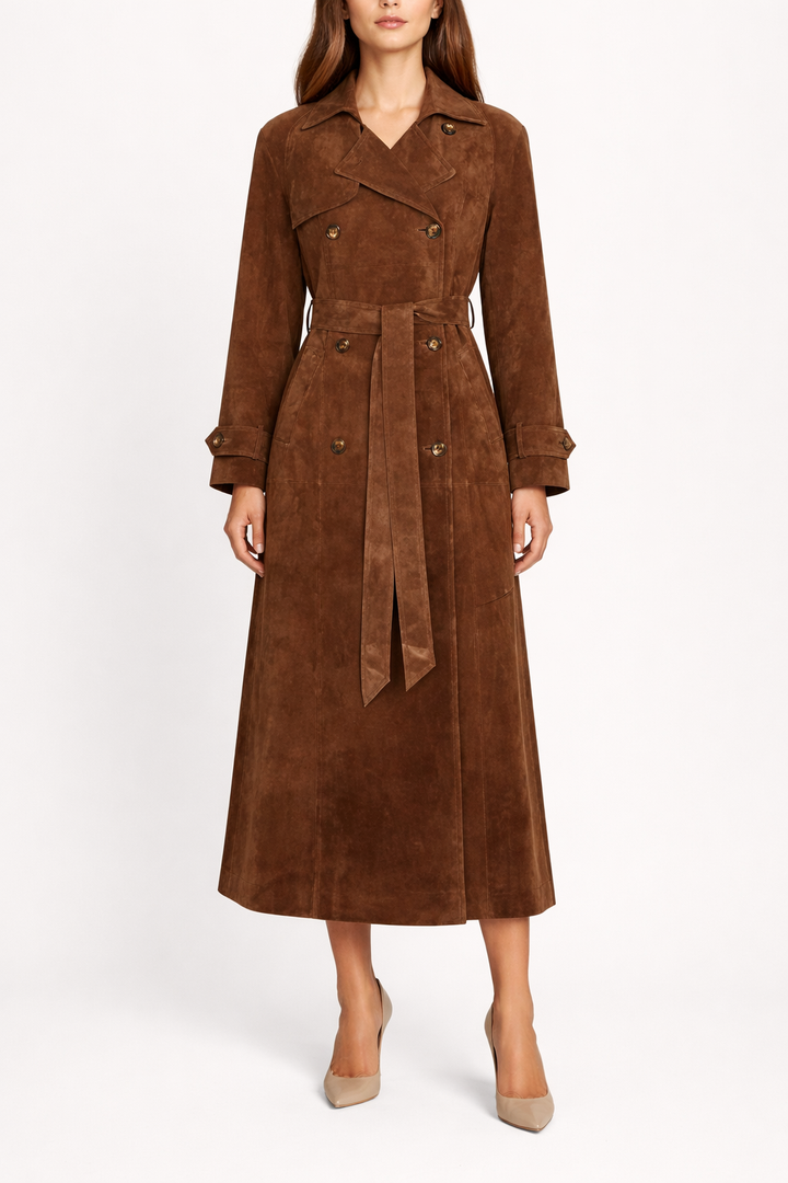 Women's Long Trench Coat with Belt and Double Button Front