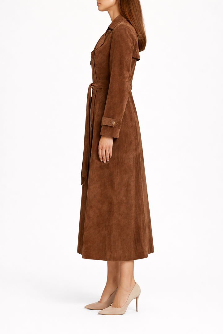 Women's Long Trench Coat with Belt and Double Button Front