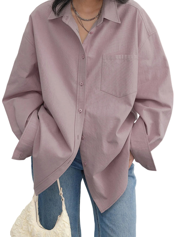 Women's Loose Button Down Long Sleeve Shirt with Front Pocket