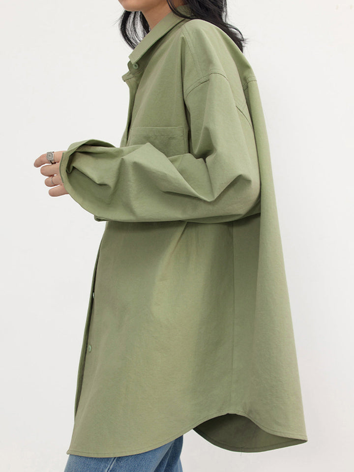 Women's Loose Button Down Long Sleeve Shirt with Front Pocket
