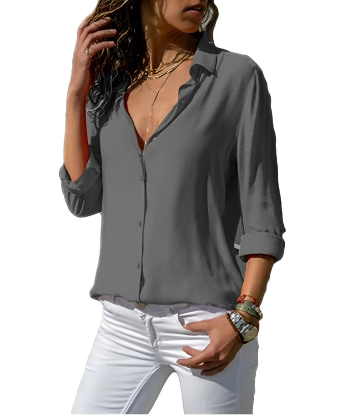 Women's Loose Button Front Blouse Shirt with Open Neck Shape
