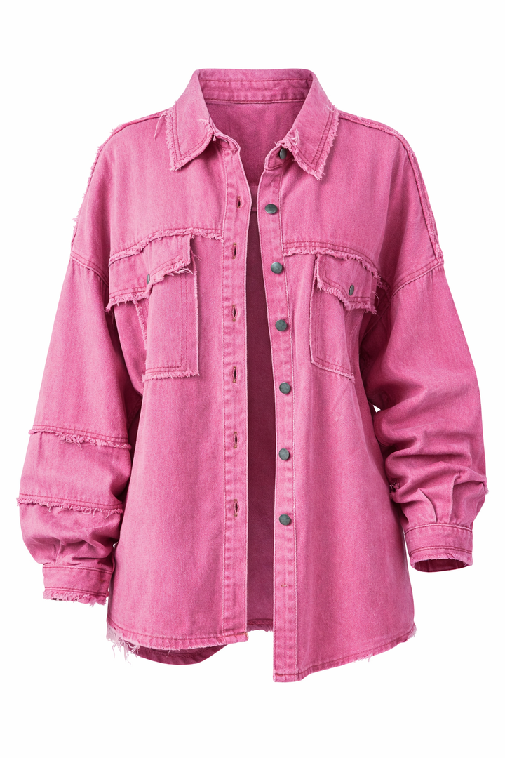 Women's Loose Denim Jacket with Collar and Chest Pockets