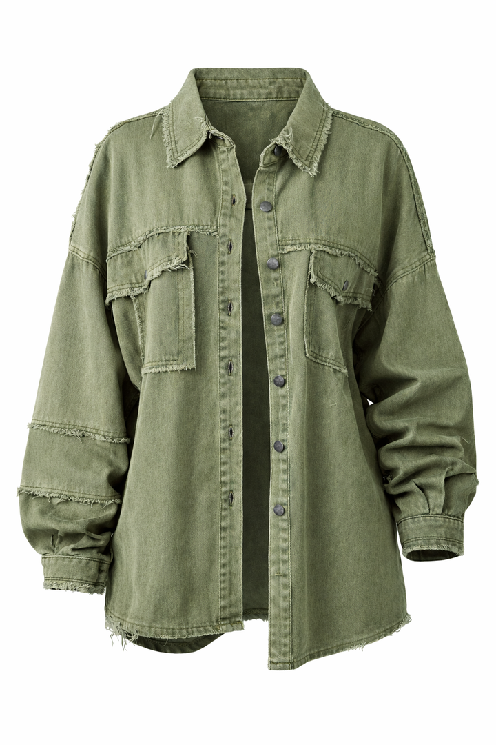 Women's Loose Denim Jacket with Collar and Chest Pockets