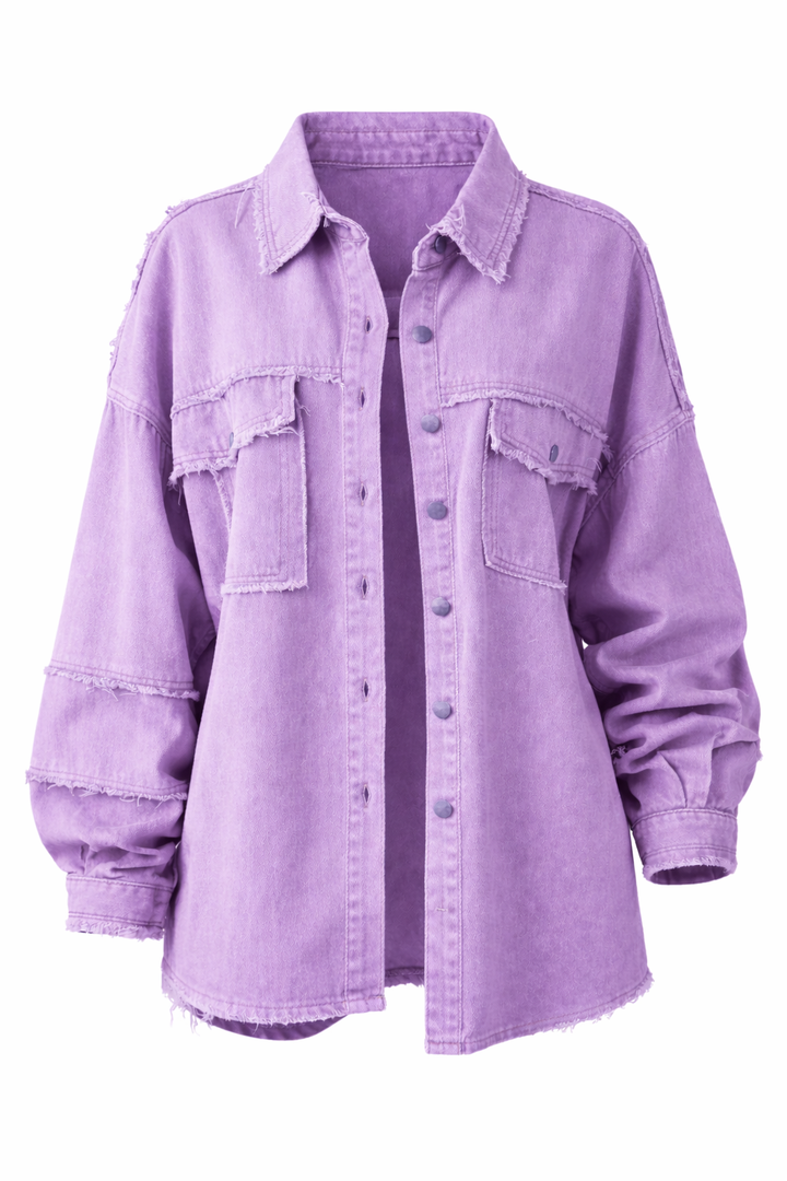 Women's Loose Denim Jacket with Collar and Chest Pockets