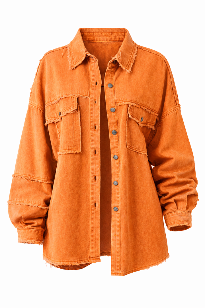 Women's Loose Denim Jacket with Collar and Chest Pockets