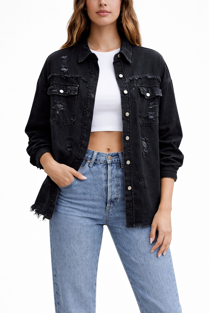 Women's Loose Denim Jacket with Distressed Detailing