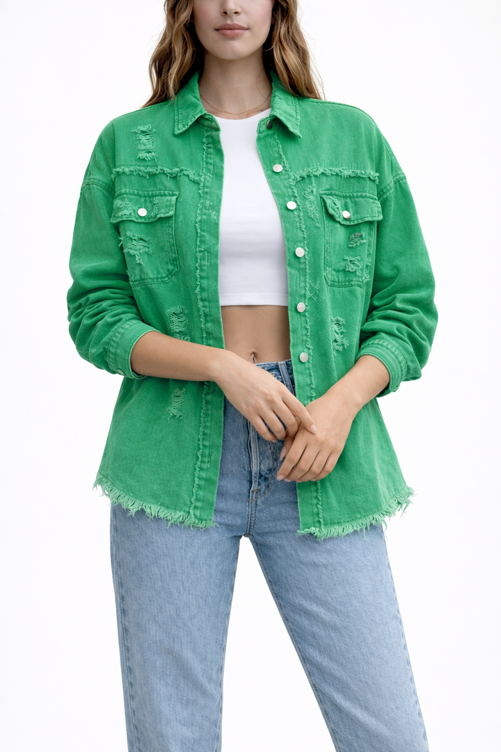 Women's Loose Denim Jacket with Distressed Detailing