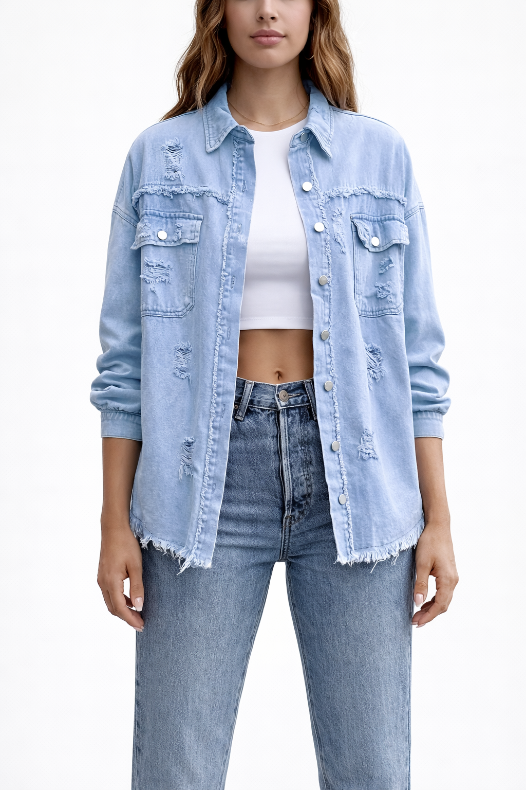 Women's Loose Denim Jacket with Distressed Detailing