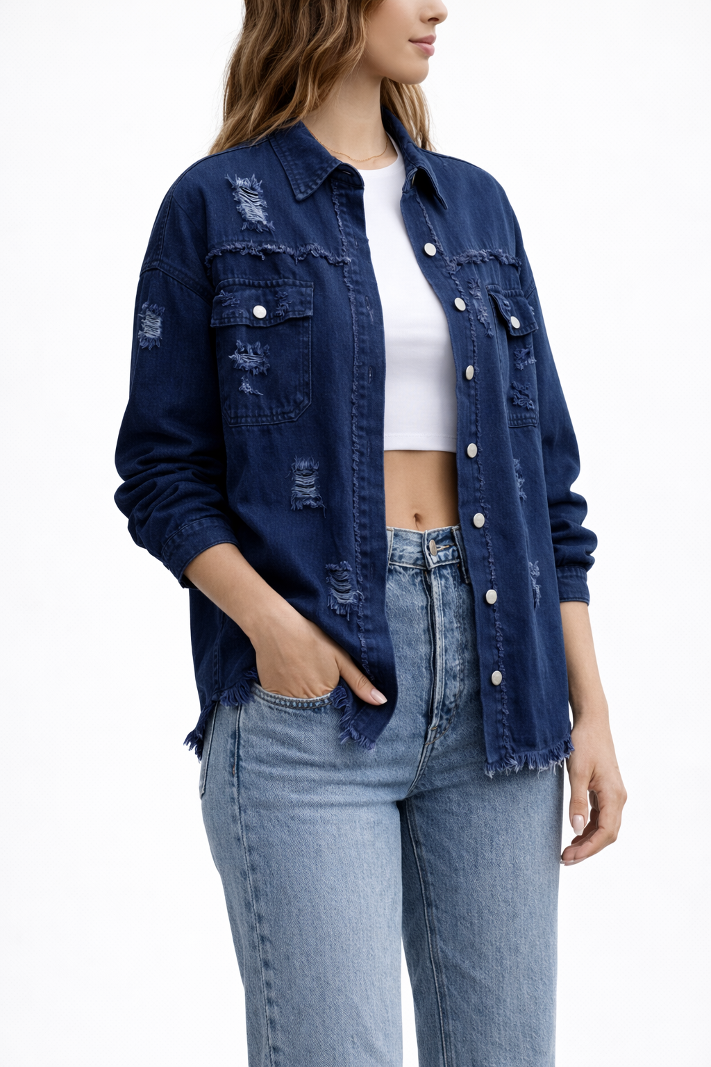 Women's Loose Denim Jacket with Distressed Detailing