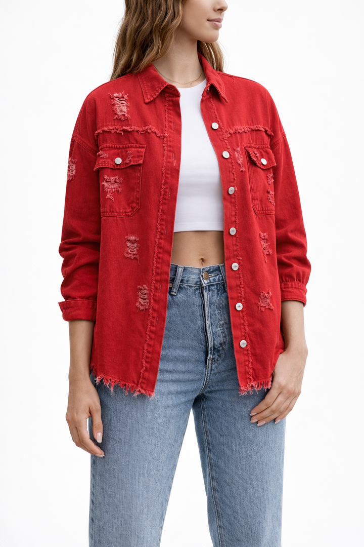 Women's Loose Denim Jacket with Distressed Detailing