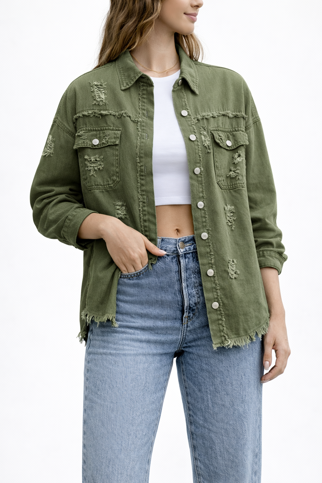 Women's Loose Denim Jacket with Distressed Detailing