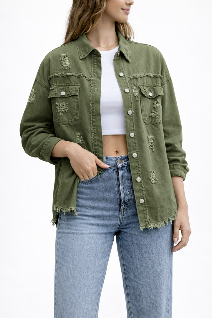 Women's Loose Denim Jacket with Distressed Detailing