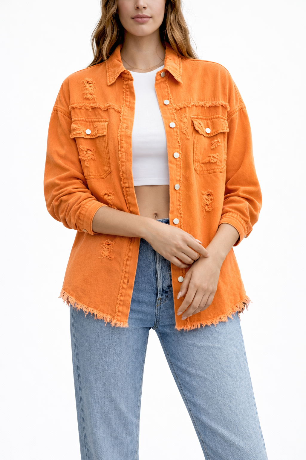 Women's Loose Denim Jacket with Distressed Detailing