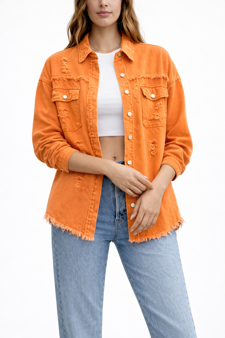 Women's Loose Denim Jacket with Distressed Detailing