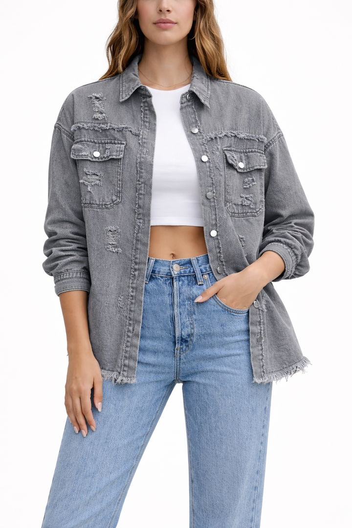 Women's Loose Denim Jacket with Distressed Detailing