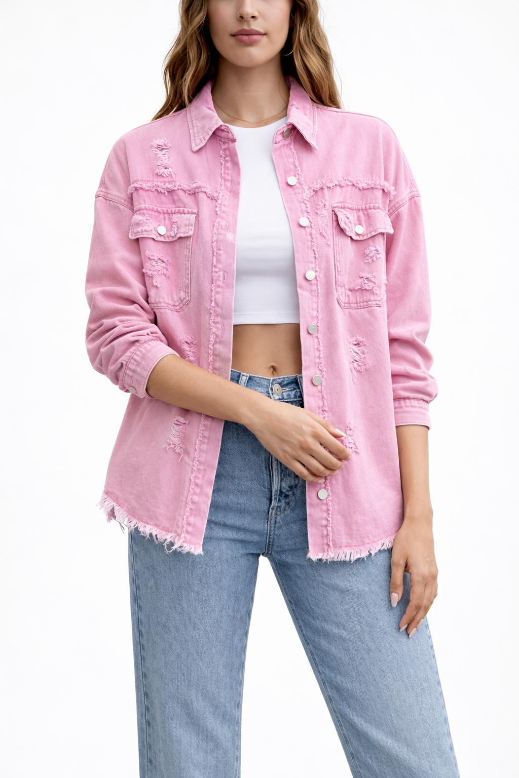 Women's Loose Denim Jacket with Distressed Detailing