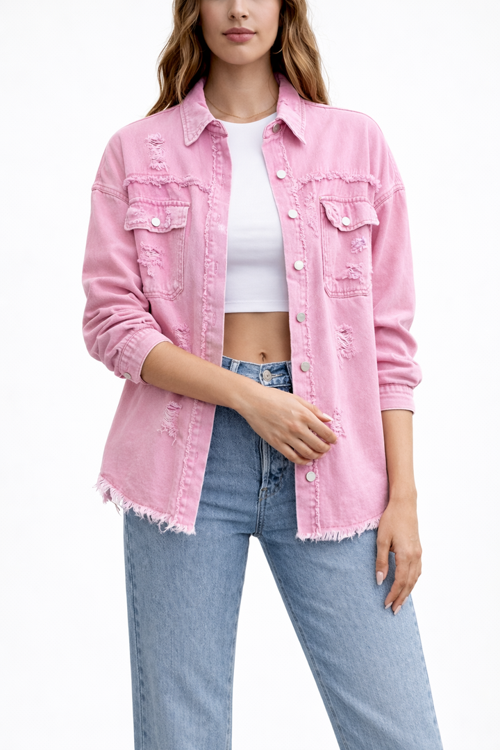 Women's Loose Denim Jacket with Distressed Detailing