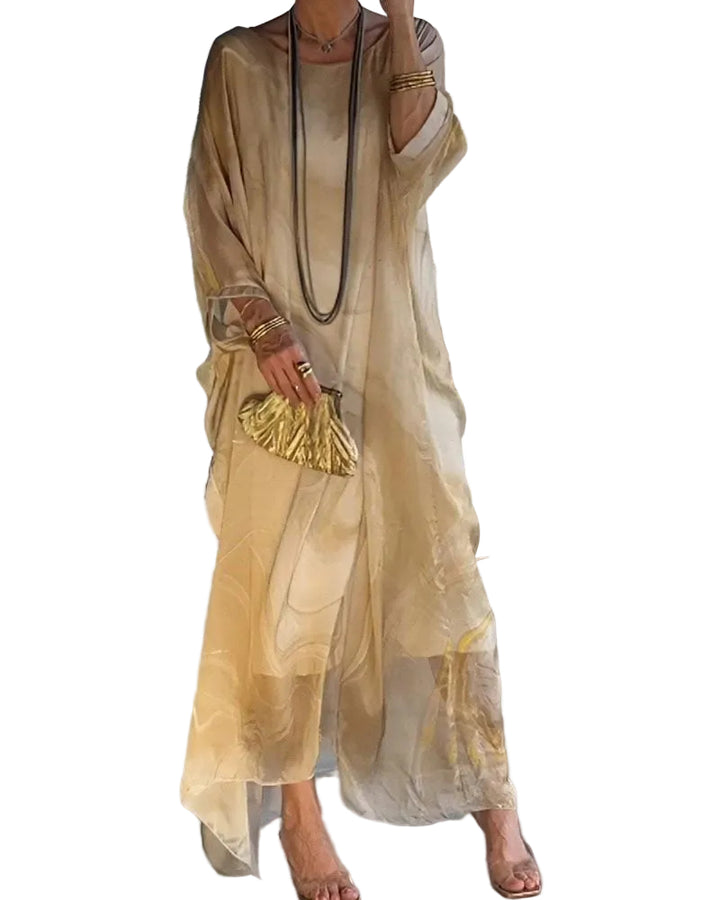 Women's Loose Maxi Dress with Wide Sleeves and Round Neckline