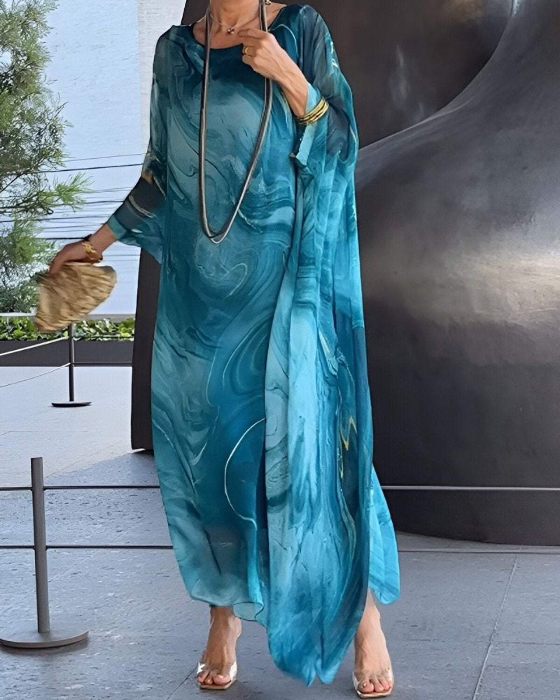 Women's Loose Maxi Dress with Wide Sleeves and Round Neckline