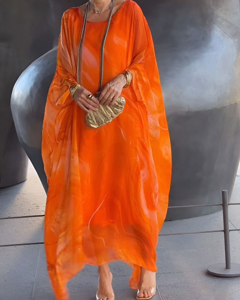 Women's Loose Maxi Dress with Wide Sleeves and Round Neckline