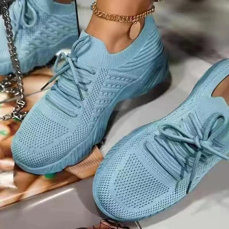 Women's Low Cut Rubber Trainers with Knitted Upper and Raised Sole