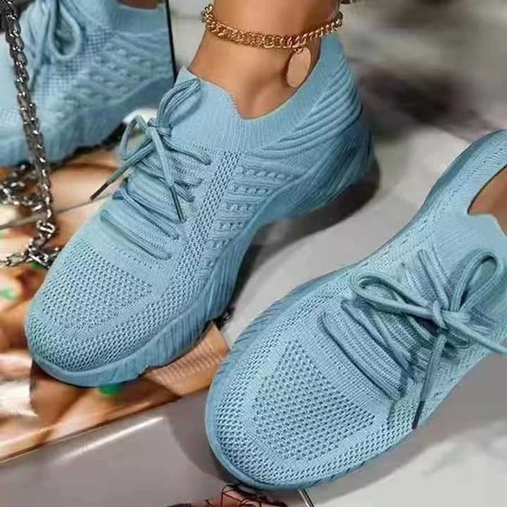 Women's Low Cut Rubber Trainers with Knitted Upper and Raised Sole