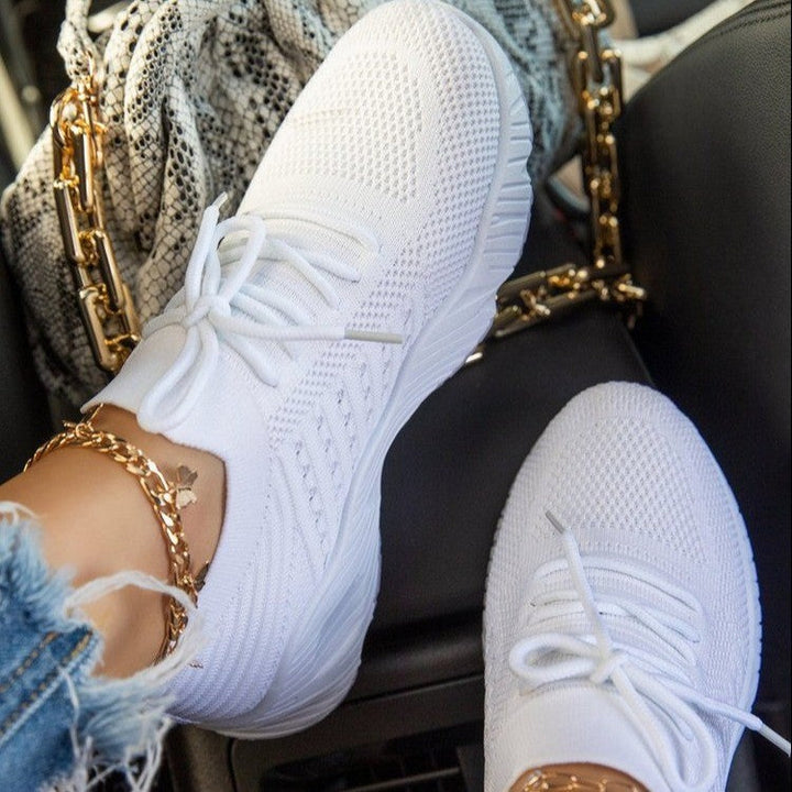 Women's Low Cut Rubber Trainers with Knitted Upper and Raised Sole
