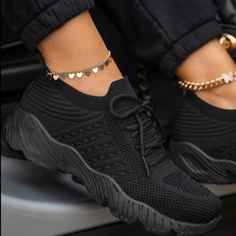 Women's Low Cut Rubber Trainers with Knitted Upper and Raised Sole