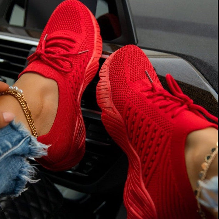 Women's Low Cut Rubber Trainers with Knitted Upper and Raised Sole