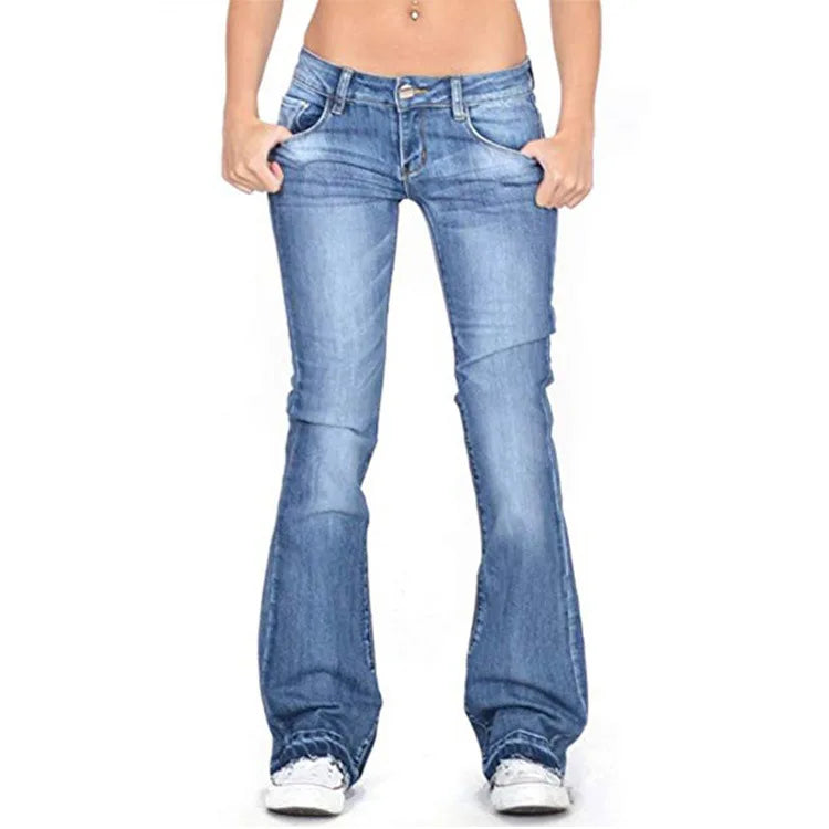 Women's Low Rise Flared Washed Denim Jeans Bootcut