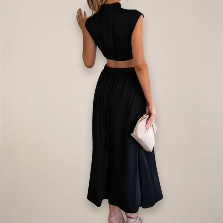 Women's Maxi Dress with Cap Sleeves and Cut-Out Waist