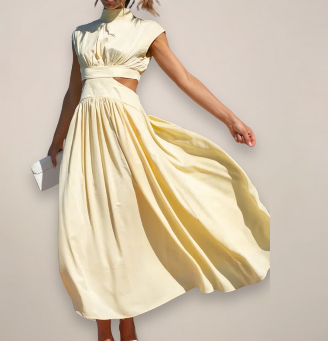 Women's Maxi Dress with Cap Sleeves and Cut-Out Waist