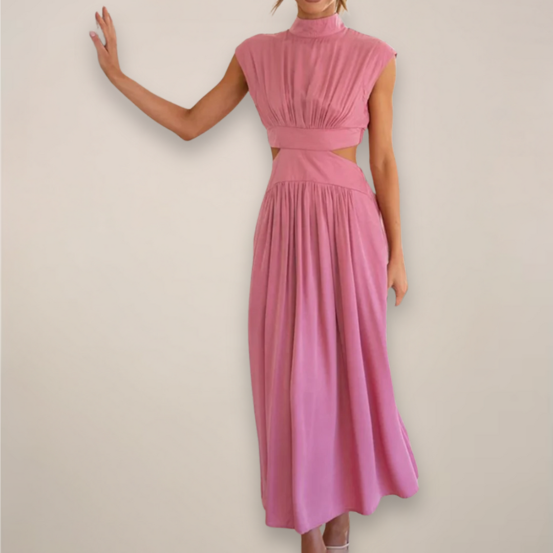 Women's Maxi Dress with Cap Sleeves and Cut-Out Waist