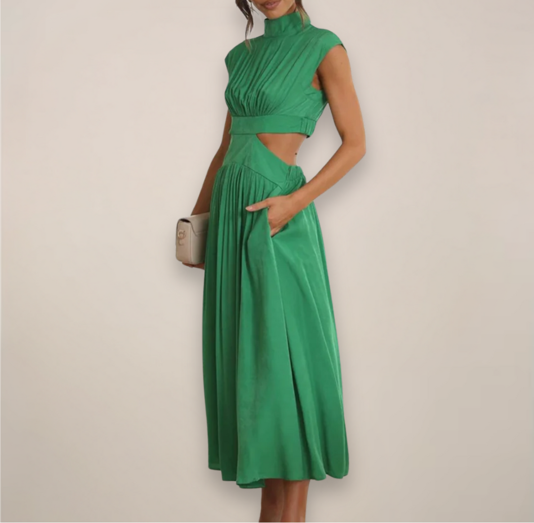 Women's Maxi Dress with Cap Sleeves and Cut-Out Waist