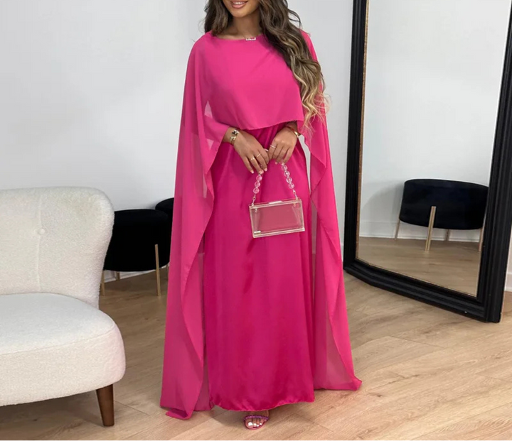 Women's Maxi Dress with Cape Sleeve and Round Neck Design