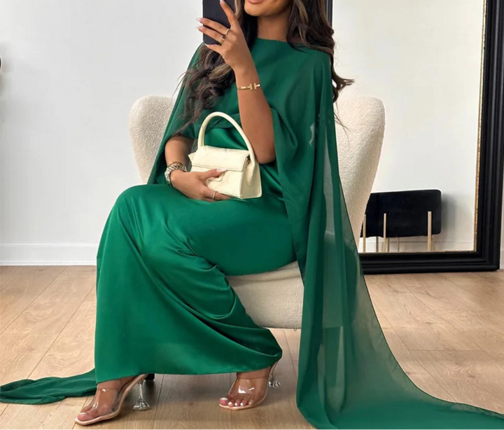 Women's Maxi Dress with Cape Sleeve and Round Neck Design