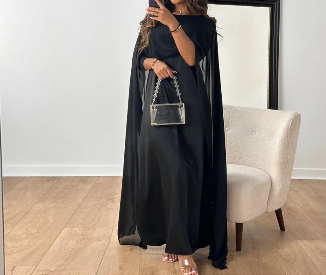 Women's Maxi Dress with Cape Sleeve and Round Neck Design