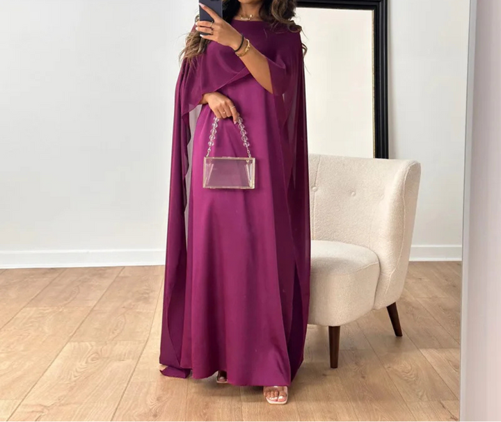 Women's Maxi Dress with Cape Sleeve and Round Neck Design