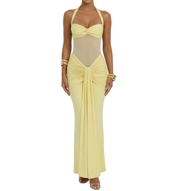 Women's Mesh Halter Maxi Dress with Ruched Detail