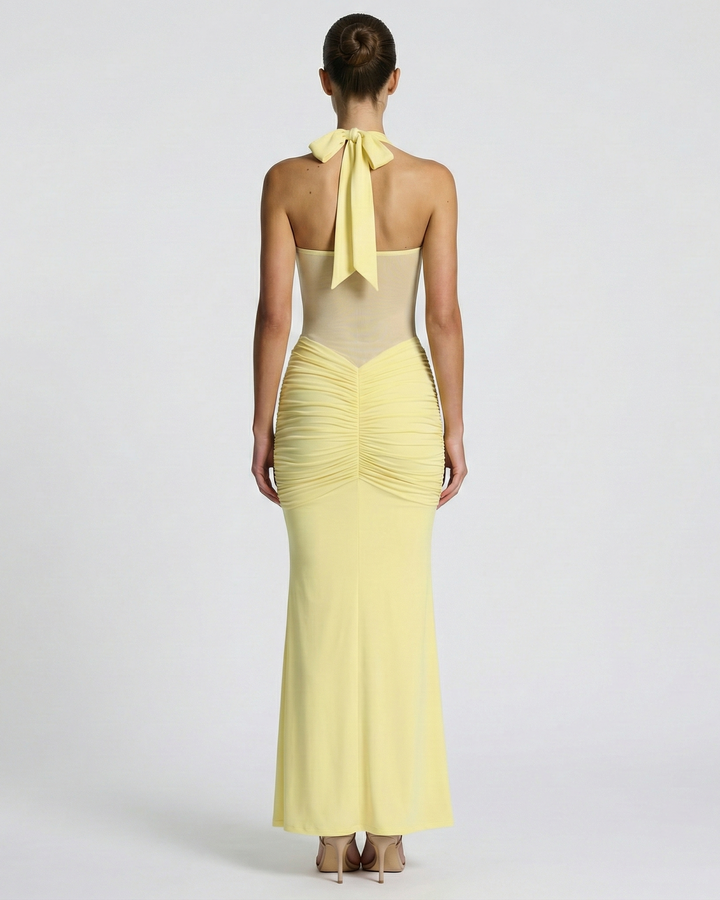 Women's Mesh Halter Maxi Dress with Ruched Detail