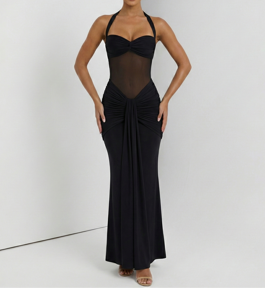 Women's Mesh Halter Maxi Dress with Ruched Detail