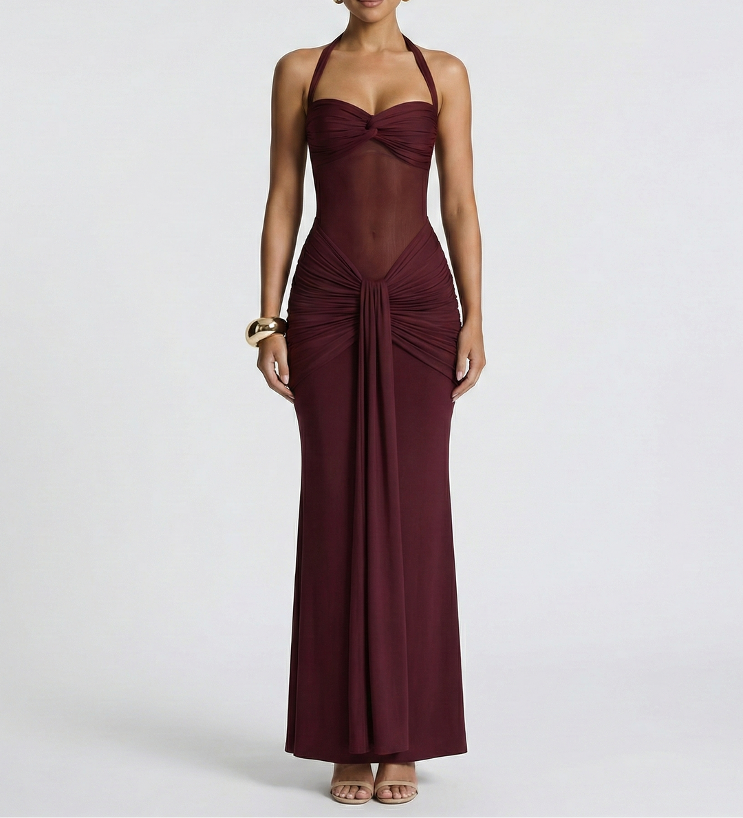 Women's Mesh Halter Maxi Dress with Ruched Detail