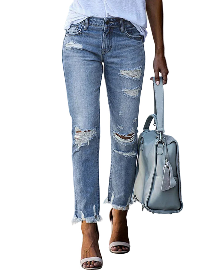 Women's Mid Waist Ripped Tassel Denim Jeans