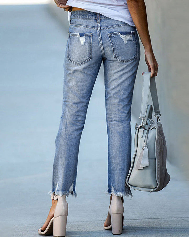 Women's Mid Waist Ripped Tassel Denim Jeans