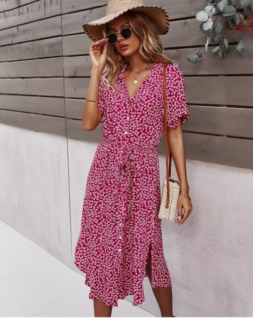 Women's Midi Dress Floral Print with Tie Waist