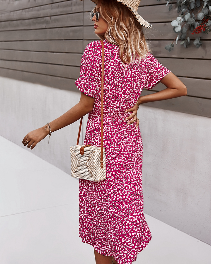 Women's Midi Dress Floral Print with Tie Waist