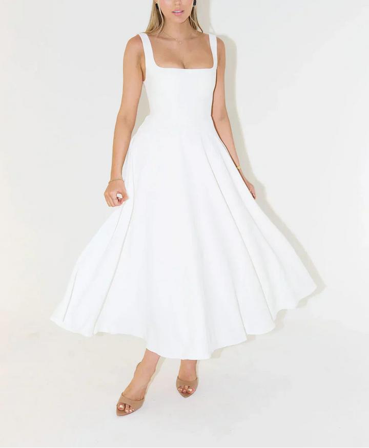 Women's Midi Dress with Square Neck and Flared Skirt